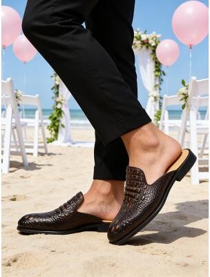 LightInthebox Men's Genuine Leather Mules – Brown Slip-On Mules for Summer Weddings and Beach Parties