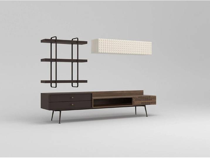JVmoebel Wohnwand Braun Wohnwand aus Holz und Edelstahl mit Wandschrank und TV-Ständer, (3-St., 1x Wohnwand), Made in Europa