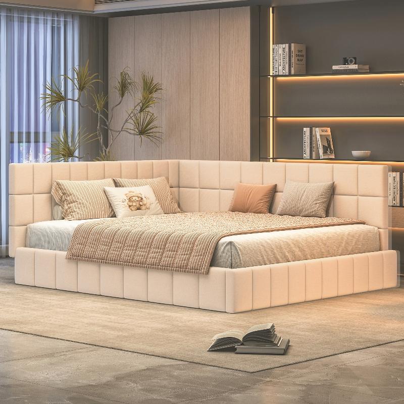 Polsterbett 160x200cm mit Lattenrost, Schlafsofa aus Samtstoff in Beige mit Rückenlehne, Armlehne und beidseitig montierbaren Schubladen