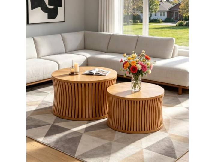 RYDZCLH Couchtisch 2er-Set Runde Holz, Runder Satztisch Moderner Couchtisch Mit Geriffelter OberfläChe FüR Wohnzimmer, Schlafzimmer Und Kleine RäUme,Keine Montage