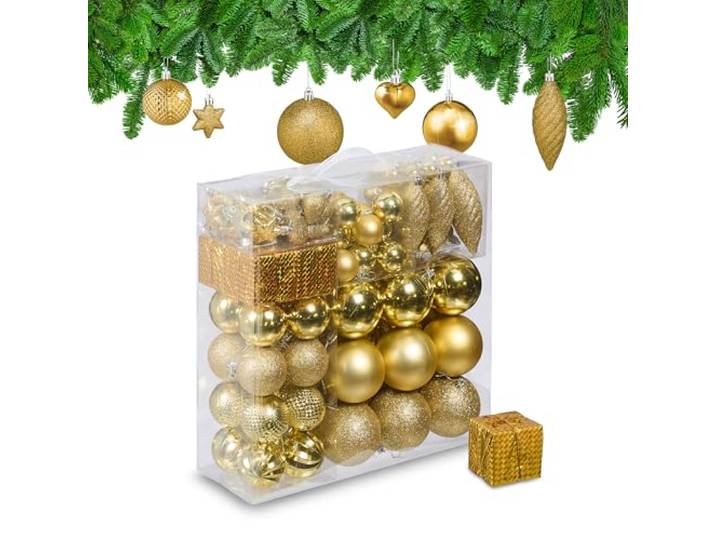 Relaxdays Boules de Noël\, Lot de 110\, en Plastique\, D : 6 cm\, décoration de Sapin\, avec Guirlande\, dorées