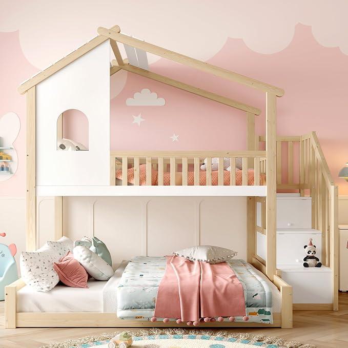 Hochbett 90x200cm und 140x200cm, Hochbett mit Treppe und Stauraum, Kinderbett Haus Ausziehbar mit Hausleiste, Weiß und Natur