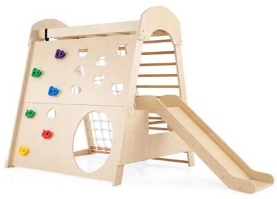 Costway 8-in-1 Indoor Jungle Gym Wooden Playground with Swing and Climbing Wall-Natural