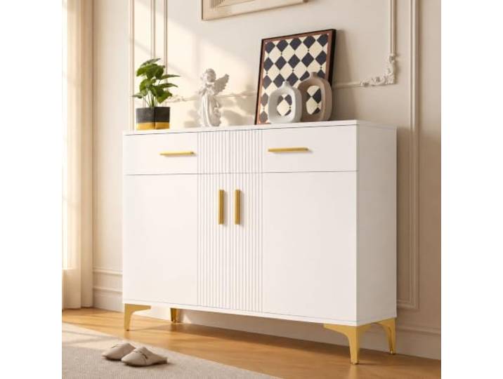 Fiednoy Sideboard Kommode mit 2 Türen 2 Schubladen, Weiß, 80x35x79,5 cm Wellenmuster, Metallgriffe Metallfüße, Aufbewahrungsschrank für Wohnzimmer Flur Esszimmer Schlafzimmer