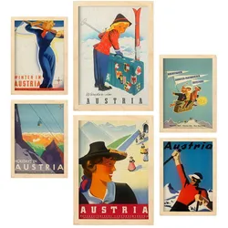 POSTER Set Mit 6 Österreich 2 Vollfarbige Illustrationen Von Vintage Tourismus Werbetafeln Aus Der Ganzen Welt A3 & A4 Rahmen Aus Hellem Holz