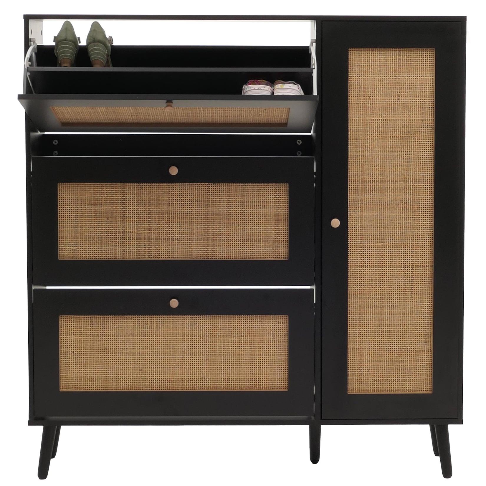Rattan-Schuhkipper MCW-M37, Schuhregal Schuhschrank, 3 Kippfächer 2 Regalböden 127x120x24cm Holz Melamin ~ schwarz