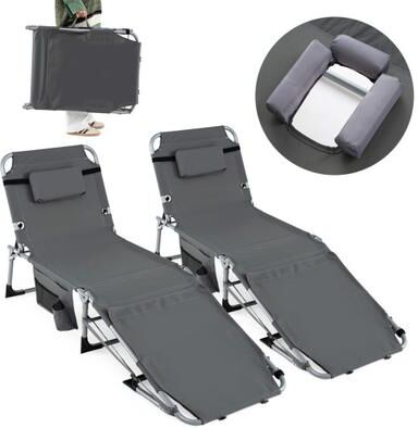 Costway Set of 2 Tanning Chairs with Face Arm Holes Portable with 4-Level Backrest-Gray
