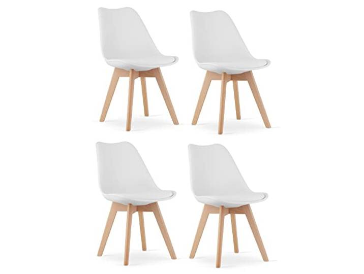 NMK HOME Esszimmerstühle Kunststoff Sitz Holzbeine Weiß 4er Set kunstlederkomfort, modernes Design, einfache Pflege, stilvoll, stabil, skandinavisch