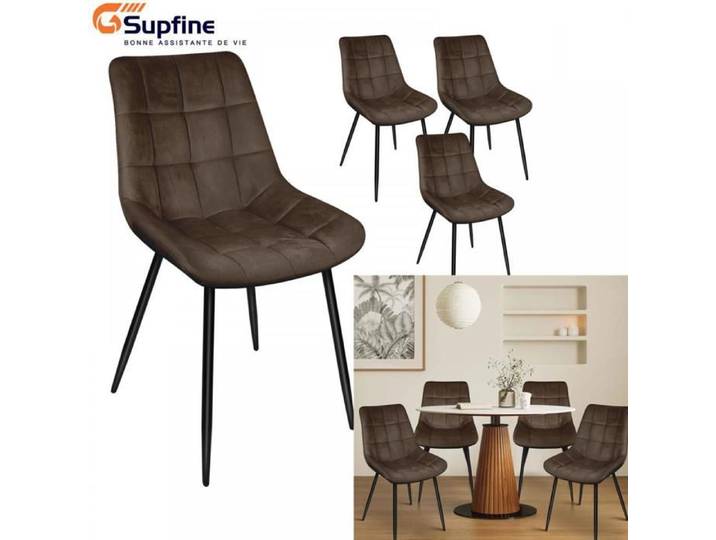 SUPFINE Lot de 4 Chaises de Salle à Manger en Velours Dossier 12 Compartiments Tabouret Marron Café