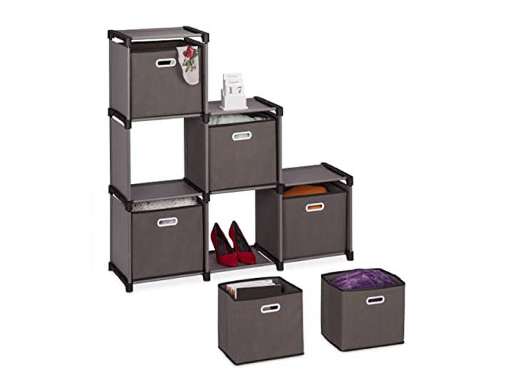 Relaxdays Étagère de Rangement\,paniers en Tissu\, 6 Compartiments\, HLP : 110x108x31 cm\, Acier et Tissu\, Cubes\, Gris
