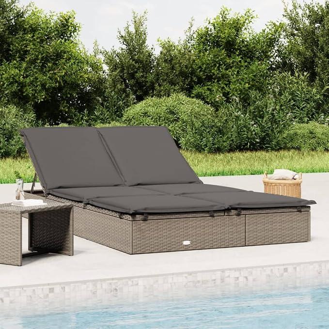 Sonnenliege 2er Set, Sonnenliege 2 Personen Rattan, Gartenliege Klappbar, Doppelliege Gartenmöbel Grau 201x55x20 cm