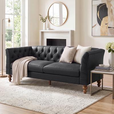 Kodotan sofa "73.5"" Chesterfield Sofa PU Upholstered Couch with Flared Arms, Tufted Back & Natural Rubberwood Legs Multi Cushion Seat Sofa"