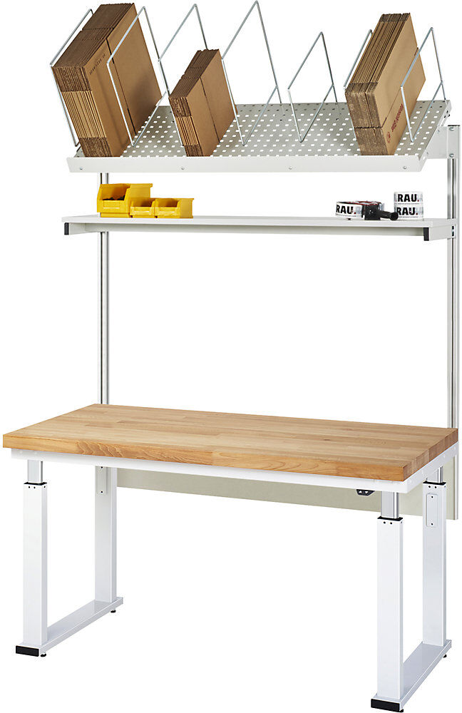 Packtisch komplett 600, elektrisch höhenverstellbar, Set 1 mit Etagenbord, BxT 1500 x 900 mm, Buchenplatte RAU