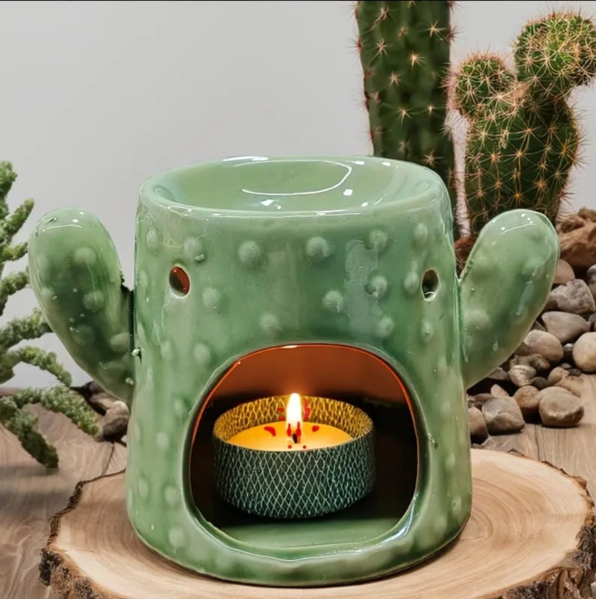Keramische Cactus Geurbrander en Waxmelter in Groen Design met Theelichthouder