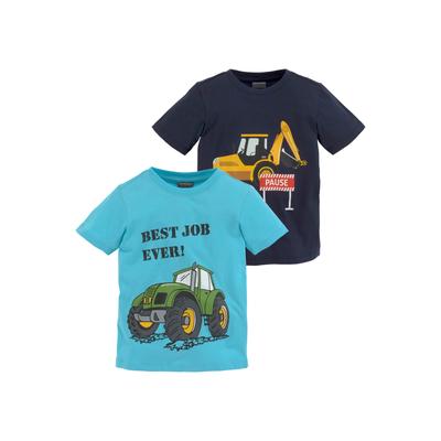 T-Shirt KIDSWORLD "BEST JOB EVER", Jungen, Gr. 104/110, blau (türkis, bedruckt, marine, bedruckt), Single Jersey, Obermaterial: 100% Baumwolle, bedruckt, Basic, Rundhals, Shirts T-Shirt, kurzärmelig, bedruckt, Rundhalsausschnitt, aus Baumwolle