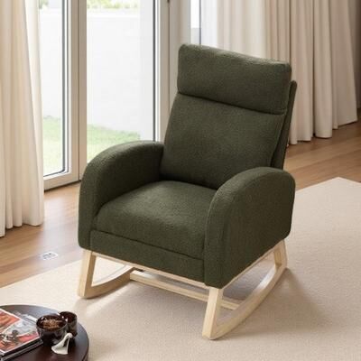 Modern Teddy Fabric Rocking Lounge Chair with Adjustable Footrest & Headrest, Nursery Glider Armchair with Side Storage Pocket