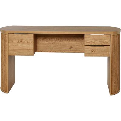 Schreibtisch JAHNKE "MOON D 150", braun (montana eiche, montana eiche, montana eiche), B:148cm H:75,2cm T:59cm, Tische, Schreibtisch, Schreibtisch, 1 Tür & 2 Schubladen, Aluminium Griffe, Breite: 148 cm