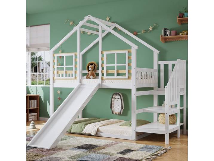Lit Superposé cabane 90x200 cm - Lit Toboggan Enfants - Lit superposé 2 placeset - Fenêtre et Échelle et Barrière - Blanc