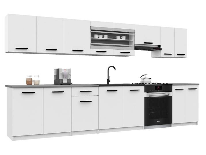 Belini Moderne Küchenzeile Küchenblock ITALIA 3 - Küchenmöbel 320cm Weiß Matt - Einbauküche mit Hängeschränke, Unterschränke & Arbeitsplatten