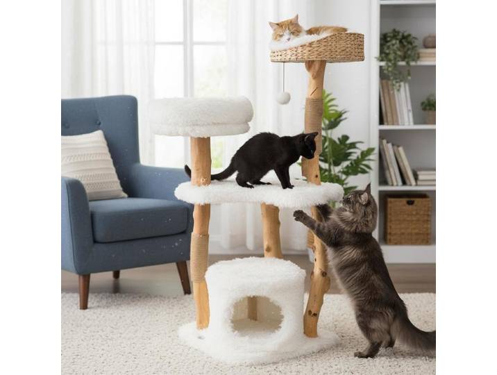Tour pour chat en bois massif avec panier supérieur en herbe de chat et lit pour chat d'intérieur - Blanc