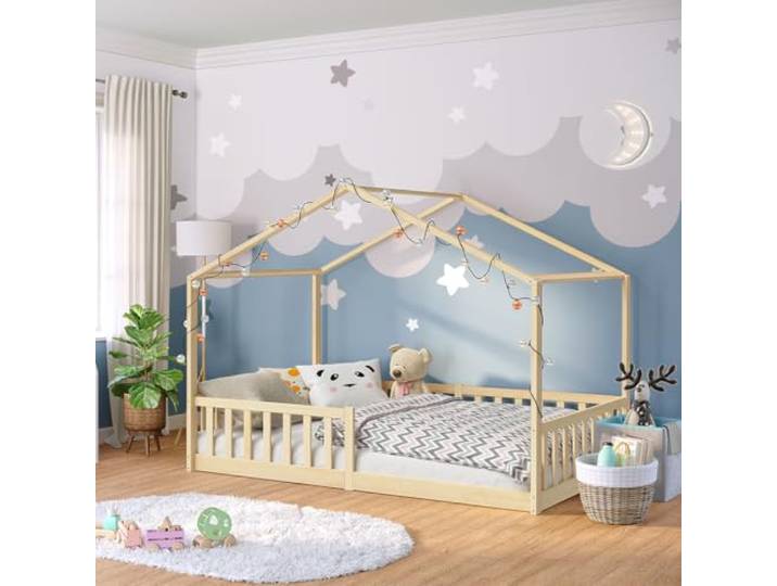Bellabino Bia Kinderbett 120x200 cm, Bodenbett, Natur, mit Rausfallschutz Montessori Hausbett aus Massivholz Kiefer, mit Lattenrost, für Jungen & Mädchen, Holzbett, Kinderzimmermöbel, Bettgestell