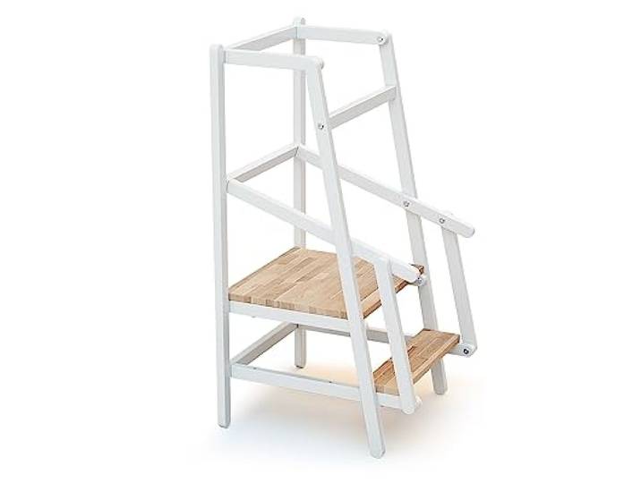 AT4 - Lernturm für Kinder ESSENTIEL Holz Weiß und Buche Lackiert Lernturm aus Holz 100 x 97 x 164,5 cm 2-fach höhenverstellbar Einstiegsstufe und Sicherheitsrampe Einstiegsstufe