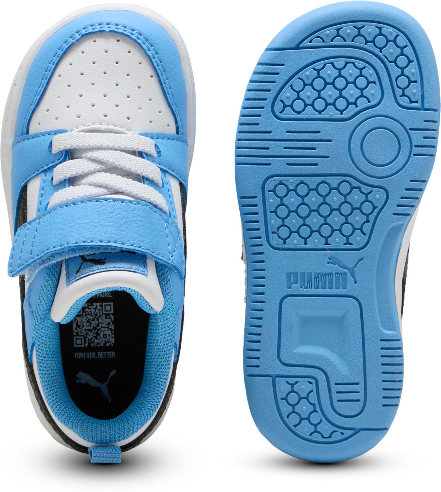 Sneaker PUMA "REBOUND V6 LO AC+ INF", Jungen, Gr. 21, blau (team light blau, puma schwarz, puma weiß), Synthetik, mehrfarbig, Schuhe Sneaker, mit Klettverschluss, weiche Einlegesohle, profilierte Gummilaufsohle team light blau, puma schwarz, puma weiß 21