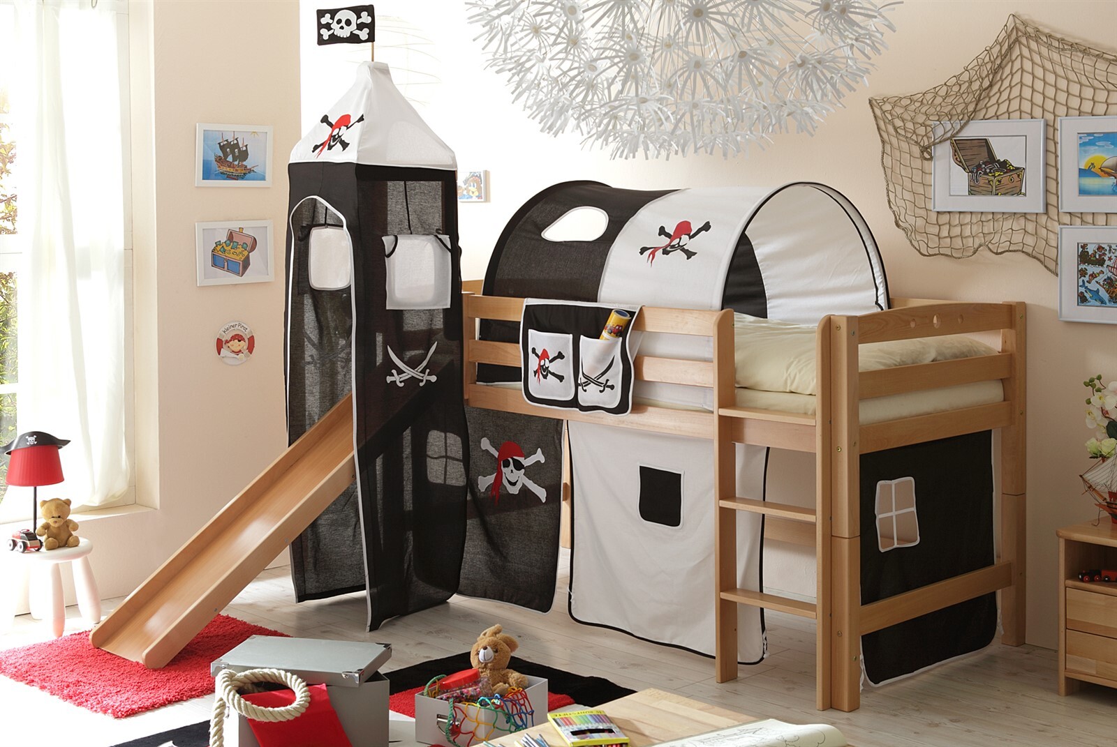 Rutschbett ROBI R XL Buche Natur inkl.Vorhang und Turm Pirat-Schwarz