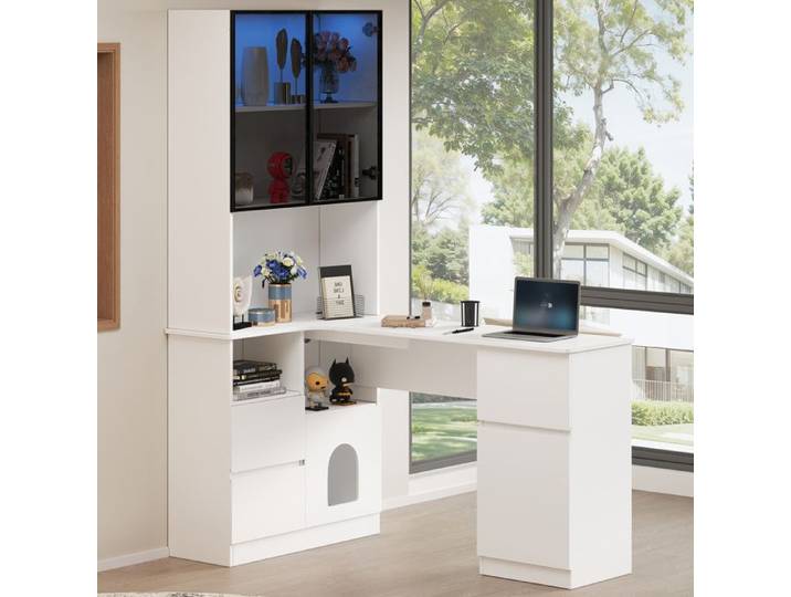 Bureau d'angle avec vitrine LED - Dimensions 120×80×180 cm - Étagère intégrée - Armoire vitrine LED 7 couleurs