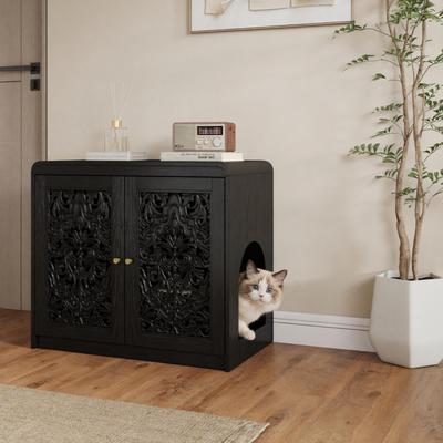 "GDFStudio Nyxara Wood Cat Litter Box 31.5"" Cabinet with Carved Doors and Ventilation"