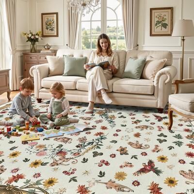 Bluebell Washable Vintage Botanical Animal Low-Pile Area Rug with Non-Slip Backing