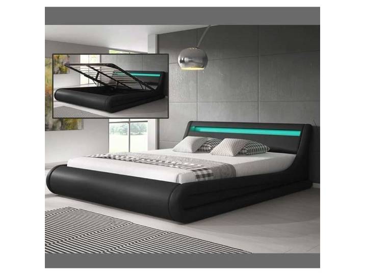Lit Coffre Parisina Noir LED 150x190cm - Bois et Simili Cuir - Rangement - PARISINA