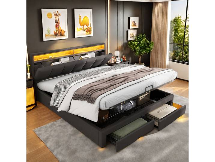 Lit rembourré 180x200 cm avec rangement, lit coffre hydraulique, lit double avec coffre de lit, sans matelas, gris