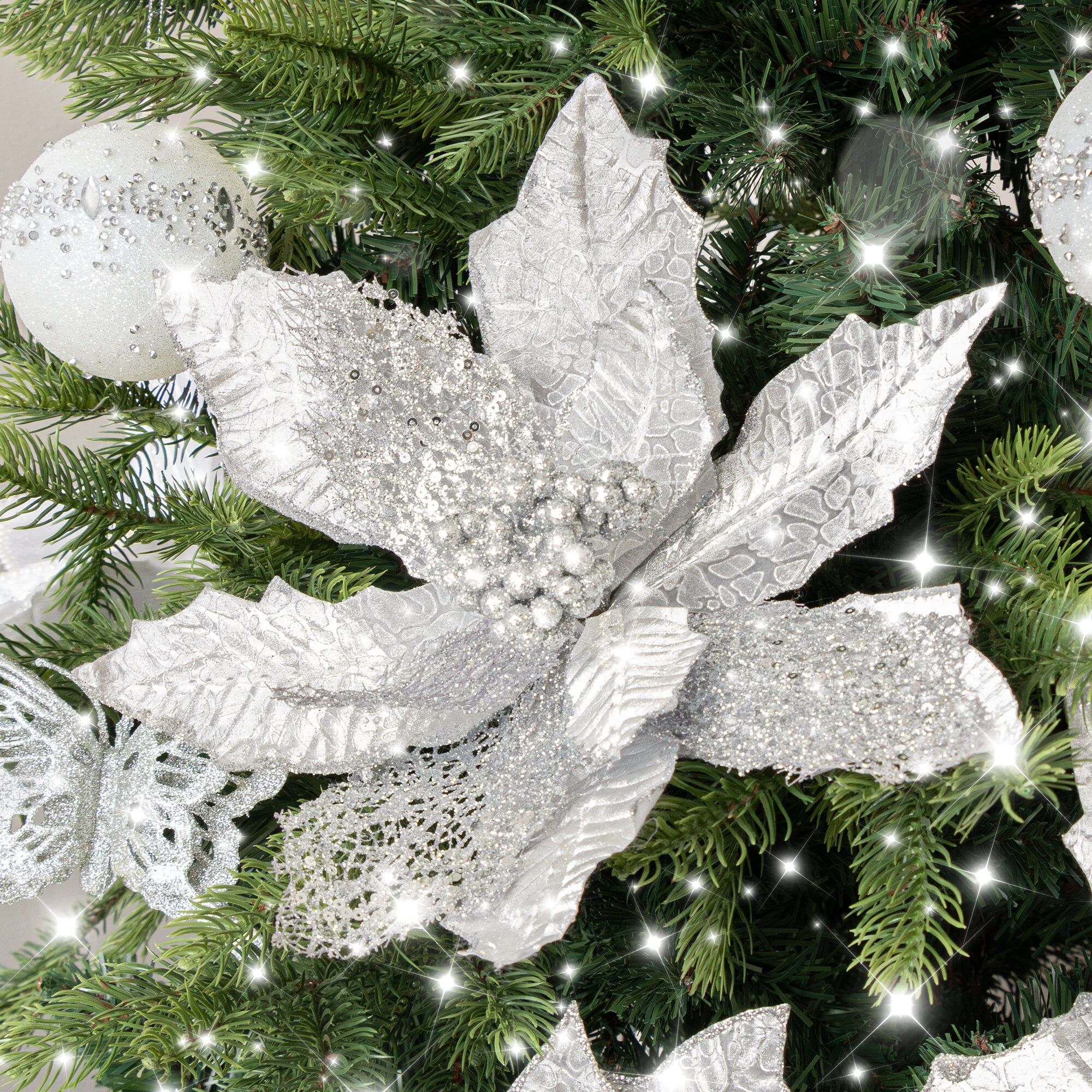 Set of 3 Silver Oil Effect Poinsettia Pick Christmas Decorations - 29cm Fabric, Resin, Metal, Glitter