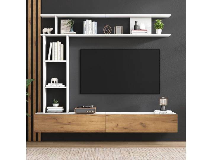 VUENOR Ensemble meuble TV mural 180 x 35 x 22 5 cm blanc et décor bois 2 portes
