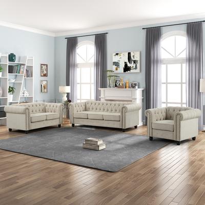 Morden Fort Button Upholstered Chesterfield Set, Chair Loveseat Sofa 3 Pcs for Living Room, Linen