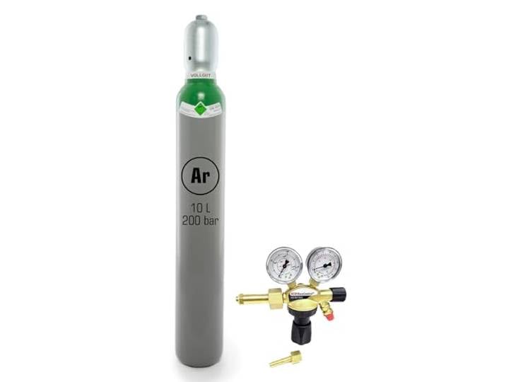 Argon 4.6 10 Liter 200 bar Gasflasche gefüllt Profi-Schweißgas für WIG/MIG UN1006 Eigentumsflasche ohne Markenbindung inkl. Druckminderer – SET Sofort einsatzbereit ADR-Gefahrgut-Versand