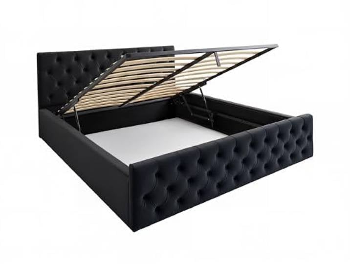 FurnitureByJDM Polsterbett 200x200 mit Stauraum – Bett Stauraum – Bett mit Gasdruckfeder, Lattenrost & Bettkasten – Stauraumbett Ohne Matratze – MADRYT (Schwarz)