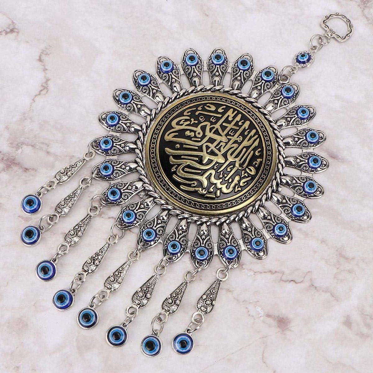 Boze Oog Wanddecoratie met Blauwe Glazen Parels en Amulet