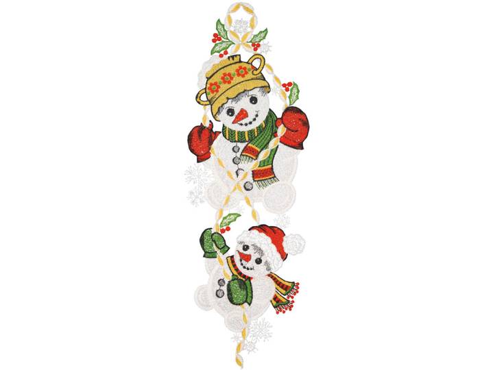 Fensterbild Schneemänner Gr. 1, bunt (ecru, grün, rot), B:16cm H:44cm, Polyester, W. REUTER & SOHN - PLAUENER SPITZE, Fensterbilder, Fensterbild, Made in Germany