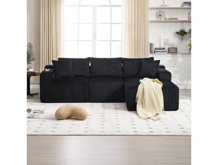 Canapé Modulaire Ensemble canapé modulaire avec chaise longue velours côtelé 5 coussins Noir