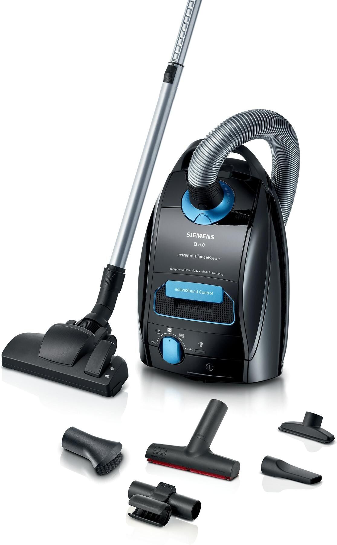 Siemens Bodenstaubsauger "Q5 extreme silencePower VSQ5X500, ideal für Allergiker, Hygiene-Filter", schwarz, B:30,7cm H:24cm T:46,5cm, Bodenstaubsauger, Starke Saugleistung, XXL-Polsterdüse, langes Kabel, schwarz, Bodenstaubsauger schwarz Einheitsgröße