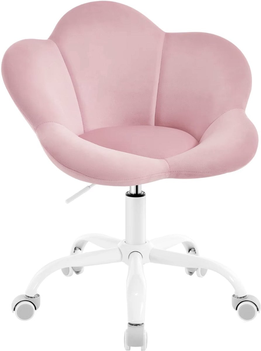 Varnox Kinderbureaustoel Bloemvormig – Verstelbare Ergonomische Fluwelen Kinderstoel met Wielen – Pastelroze
