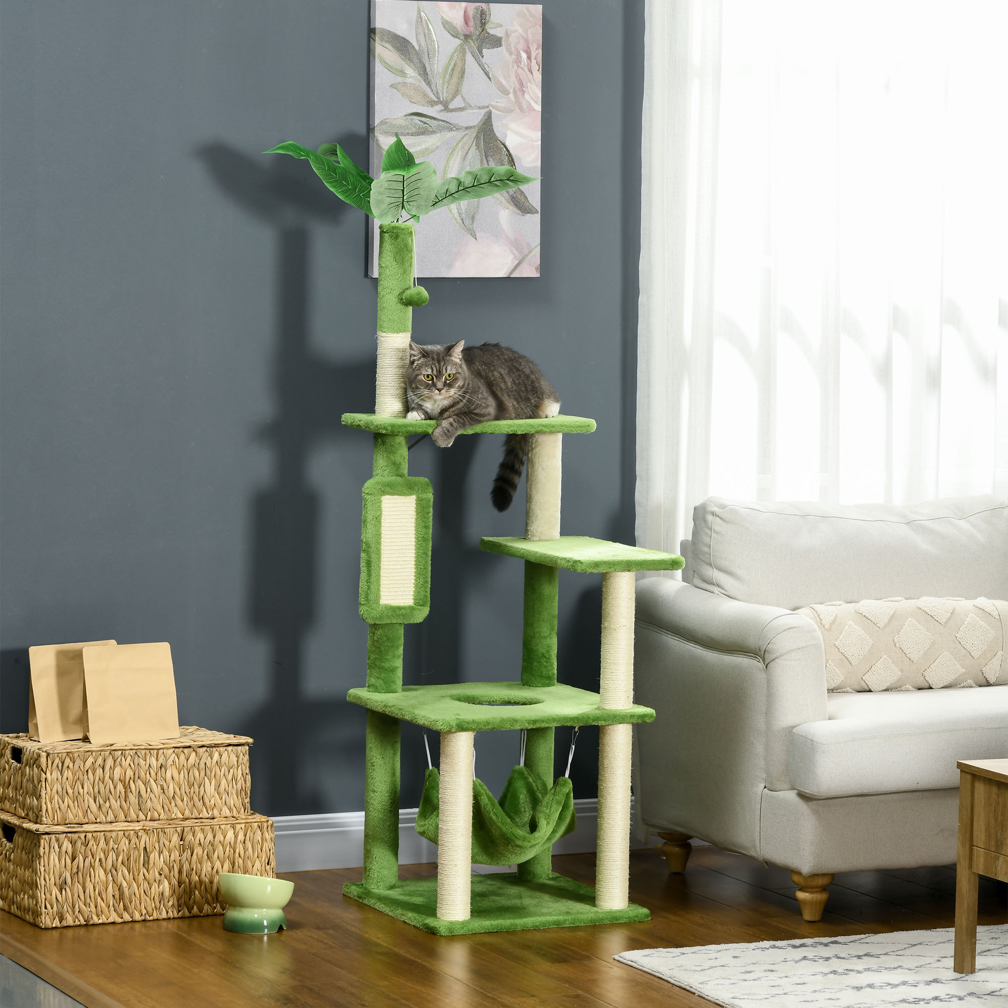 Pawhut Albero Tiragraffi per Gatti con Amaca, Pallina e Tiragraffi in Sisal, 49x49x142cm, Verde Aosom