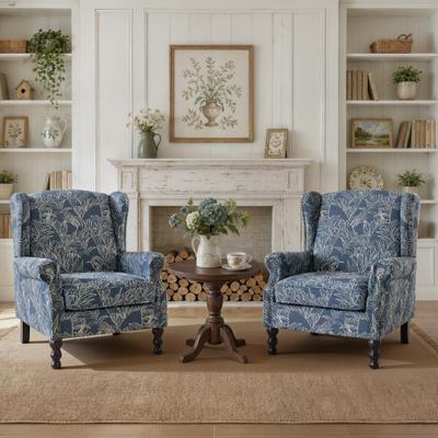 Velocisca Linen Wingback Accent Chairs Set of 2, English Country Armchairs with Rolled Arms and Nailhead Trim