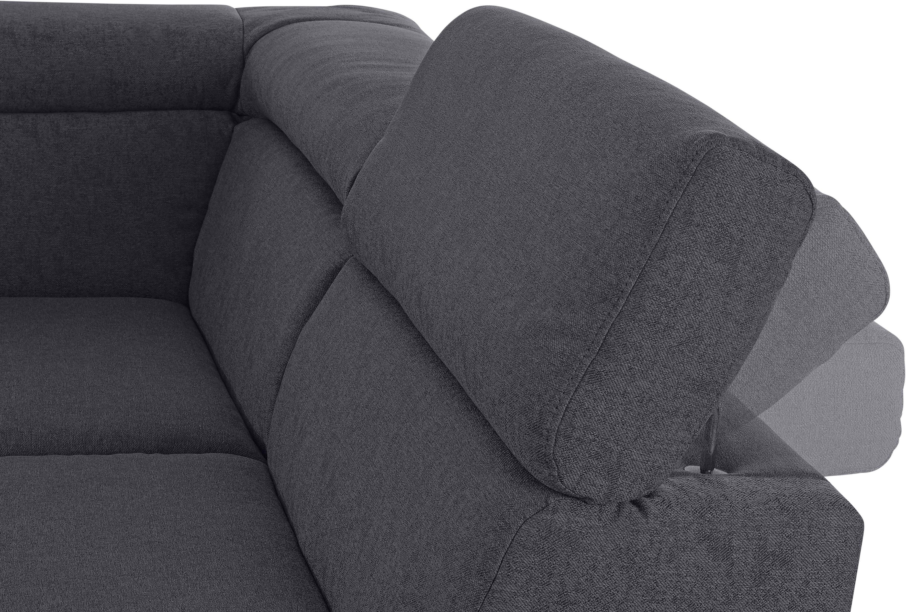 Wohnlandschaft DOMO COLLECTION "Mira, inklusive Kopfteilverstellung für mehr Wohlfühlkomfort, U-Form", grau (dunkelgrau), B:337cm H:78cm T:230cm, Luxus-Microfaser (92% Polyester, 8% Nylon);Zierkissen: Entsprechend jeweiligem Bezug.;Struktur (100% Polyeste