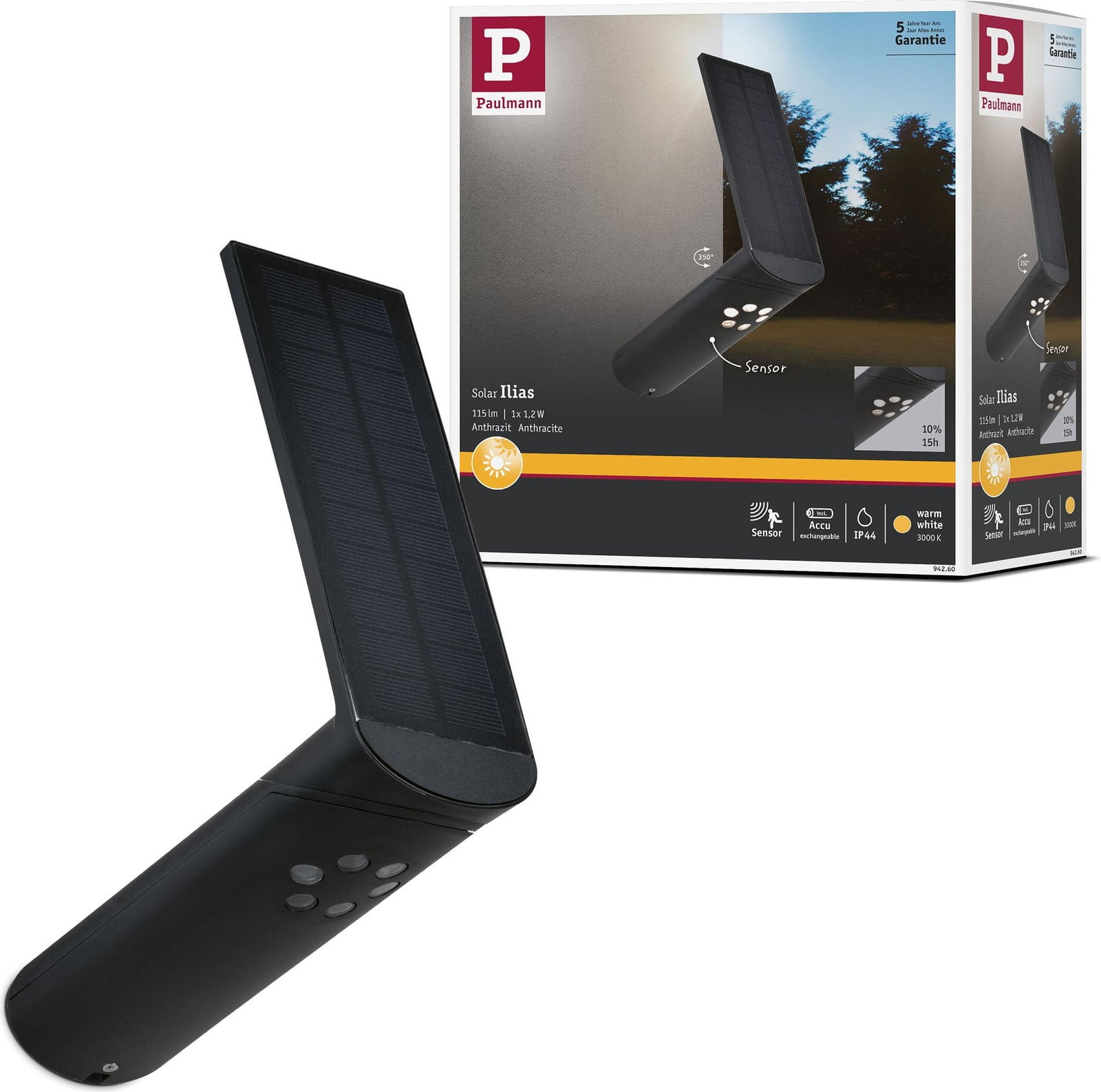Paulmann Solar LED Wandlamp Ilias, Vierkant, Zwart, Warmwit, met Bewegingssensor en Schemersensor