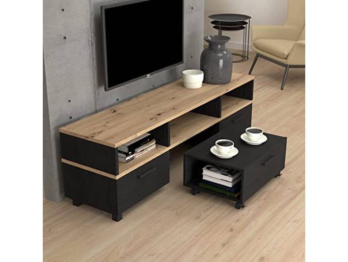 Forte LAKMOS TV-Schrank mit Rollen 160 170, modernes Lowboard mit 2 Schubladen, TV-Rack, Holzwerkstoff, Schwarzeiche/Artisan Eiche Holzdekor, 161,6 cm breit x 48,5 cm hoch x 41,3 cm tief