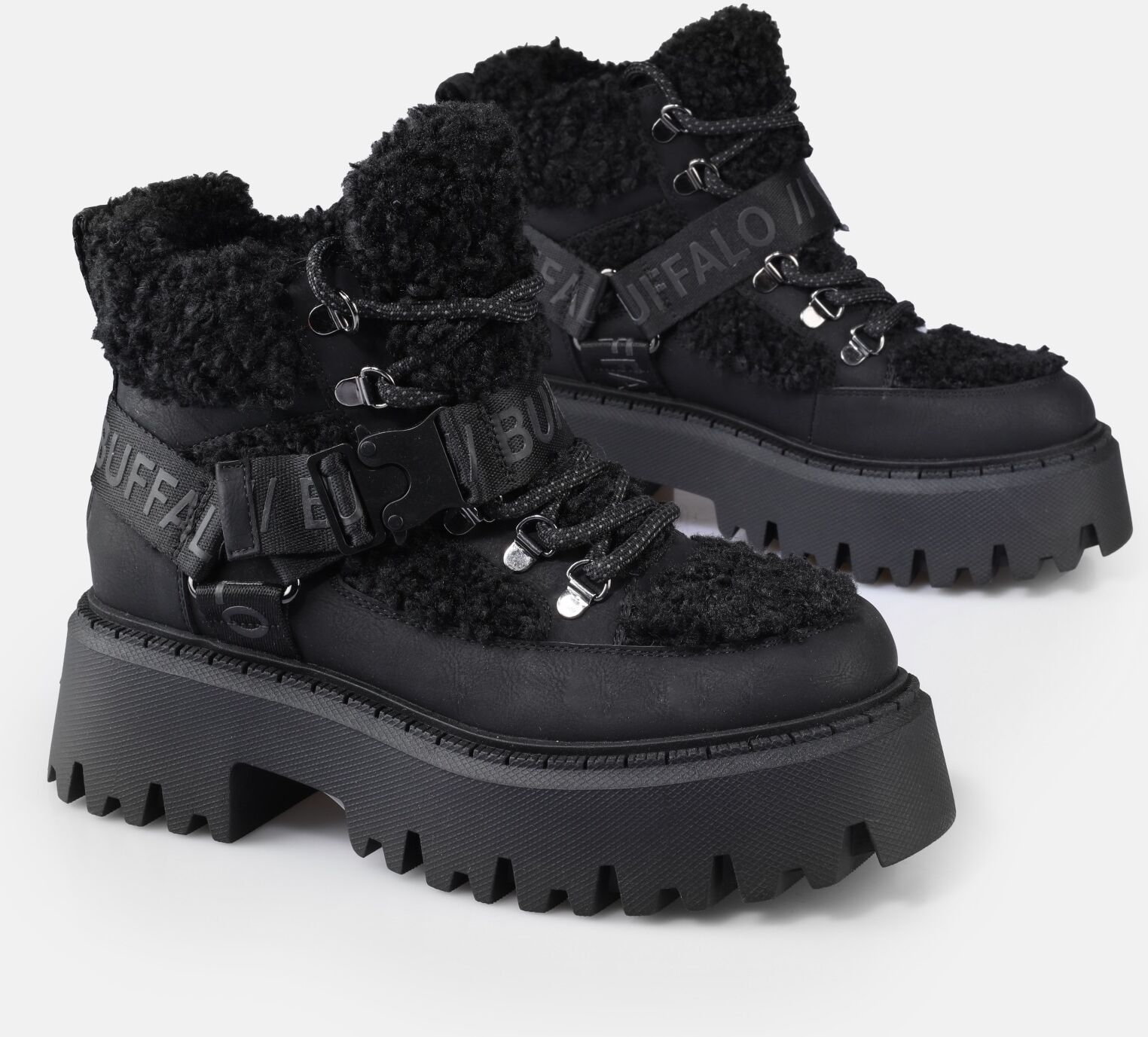 Plateaustiefelette BUFFALO "Aspen Com Mid Warm", Damen, Gr. 40, Warmfutter, schwarz, Nubuklederimitat, Textil, Schuhe Plateaustiefelette, Winterboots, Schnürboots, Stiefelette mit kuscheligem Warmfutter
