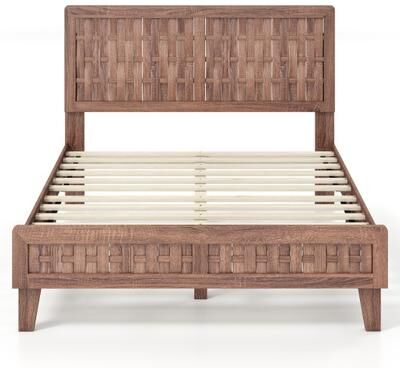 Costway Full Size Bed Frame Mid Century with Woven Accent Headboard